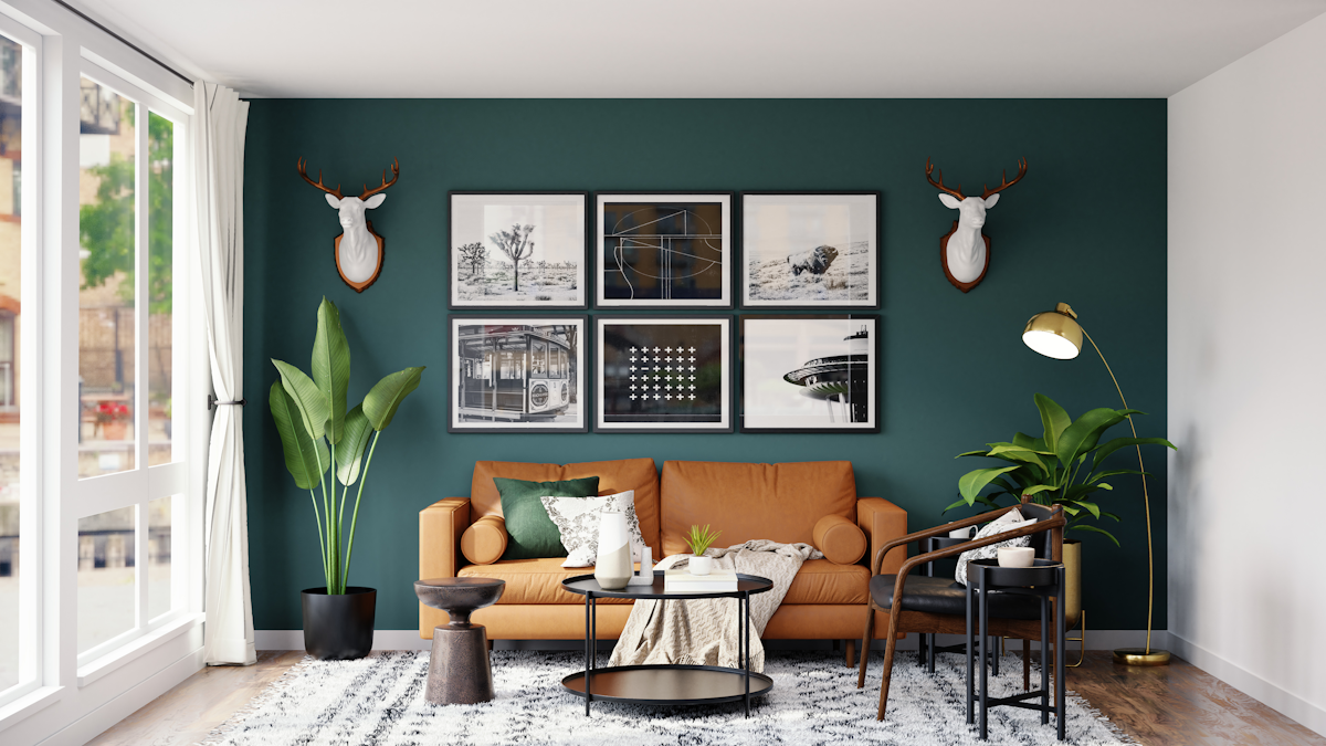 Sunlit interior with layered seating and wood accents