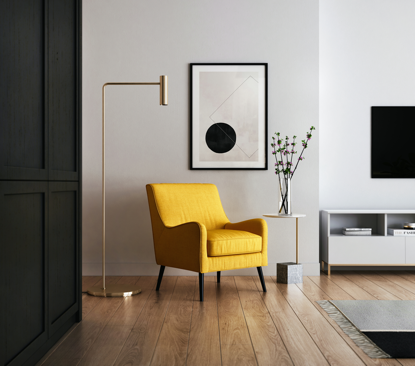 Bright living room with modern sofa and lounge chairs