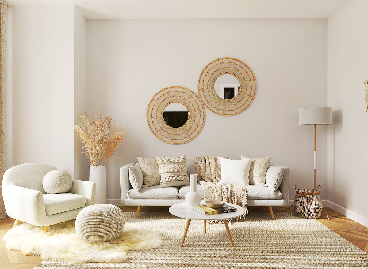 Curated furniture vignette in a daylight-filled room